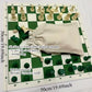 Standard International Tournament Full Chess Set. Consist of a Green & White 19.69in x 19.69in Board and 32 green & white pieces, w/ The King standing at 95mm tall.