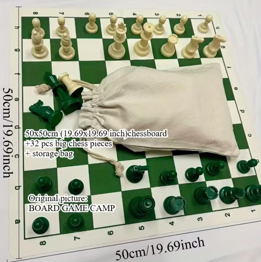 Standard International Tournament Full Chess Set. Consist of a Green & White 19.69in x 19.69in Board and 32 green & white pieces, w/ The King standing at 95mm tall.