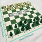 Standard International Tournament Full Chess Set. Consist of a Green & White 19.69in x 19.69in Board and 32 green & white pieces, w/ The King standing at 95mm tall.