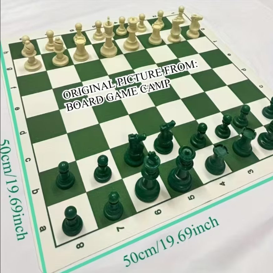 Standard International Tournament Full Chess Set. Consist of a Green & White 19.69in x 19.69in Board and 32 green & white pieces, w/ The King standing at 95mm tall.