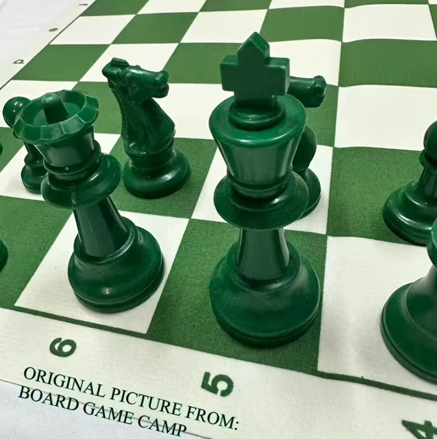 Standard International Tournament Full Chess Set. Consist of a Green & White 19.69in x 19.69in Board and 32 green & white pieces, w/ The King standing at 95mm tall.