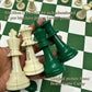 Standard International Tournament Full Chess Set. Consist of a Green & White 19.69in x 19.69in Board and 32 green & white pieces, w/ The King standing at 95mm tall.