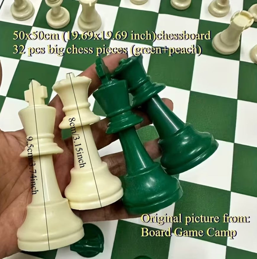 Standard International Tournament Full Chess Set. Consist of a Green & White 19.69in x 19.69in Board and 32 green & white pieces, w/ The King standing at 95mm tall.