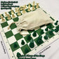 Standard International Tournament Full Chess Set. Consist of a Green & White 19.69in x 19.69in Board and 32 green & white pieces, w/ The King standing at 95mm tall.