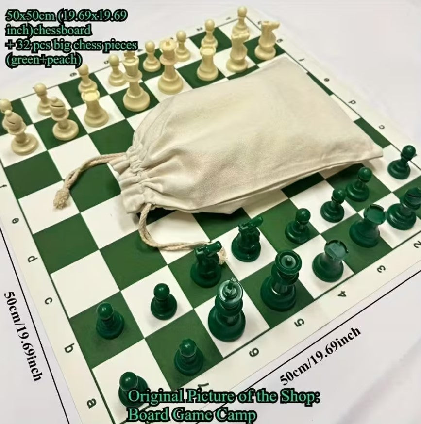 Standard International Tournament Full Chess Set. Consist of a Green & White 19.69in x 19.69in Board and 32 green & white pieces, w/ The King standing at 95mm tall.