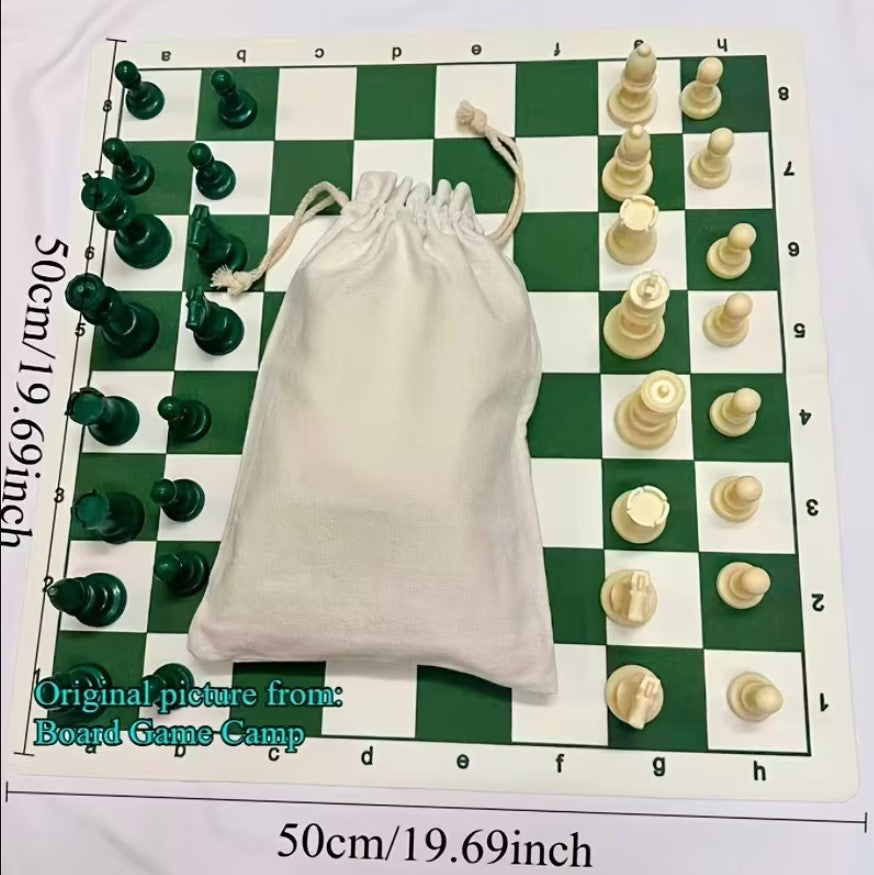 Standard International Tournament Full Chess Set. Consist of a Green & White 19.69in x 19.69in Board and 32 green & white pieces, w/ The King standing at 95mm tall.