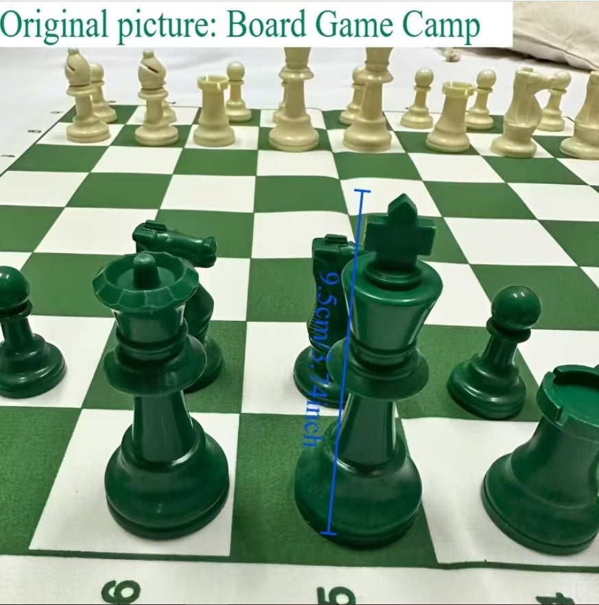 Standard International Tournament Full Chess Set. Consist of a Green & White 19.69in x 19.69in Board and 32 green & white pieces, w/ The King standing at 95mm tall.