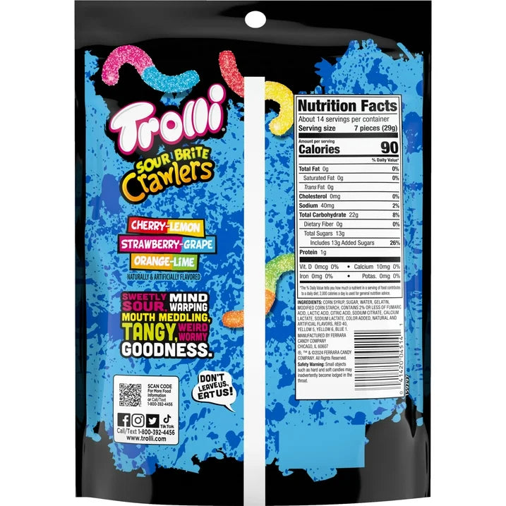 Trolli Sour Brite Crawlers, Candy, Cherry-Lemon, Strawberry-Grape & Orange-Lime, Sweet and Sour, Gummy Worms, 14 oz