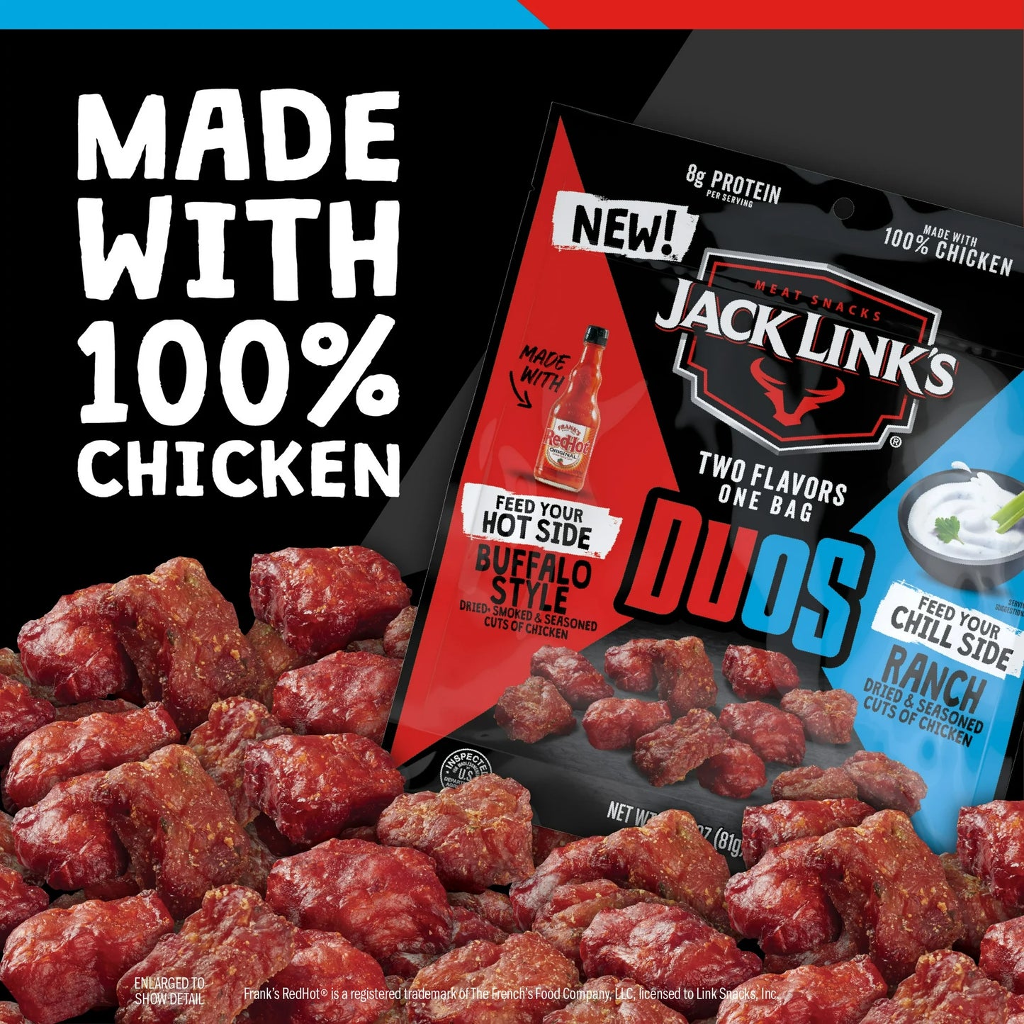 Jack Link's Chicken Bites DUOs – Frank's RedHot Buffalo Style & Ranch, 2.85oz, 8g of protein per serving, Resealable Bag