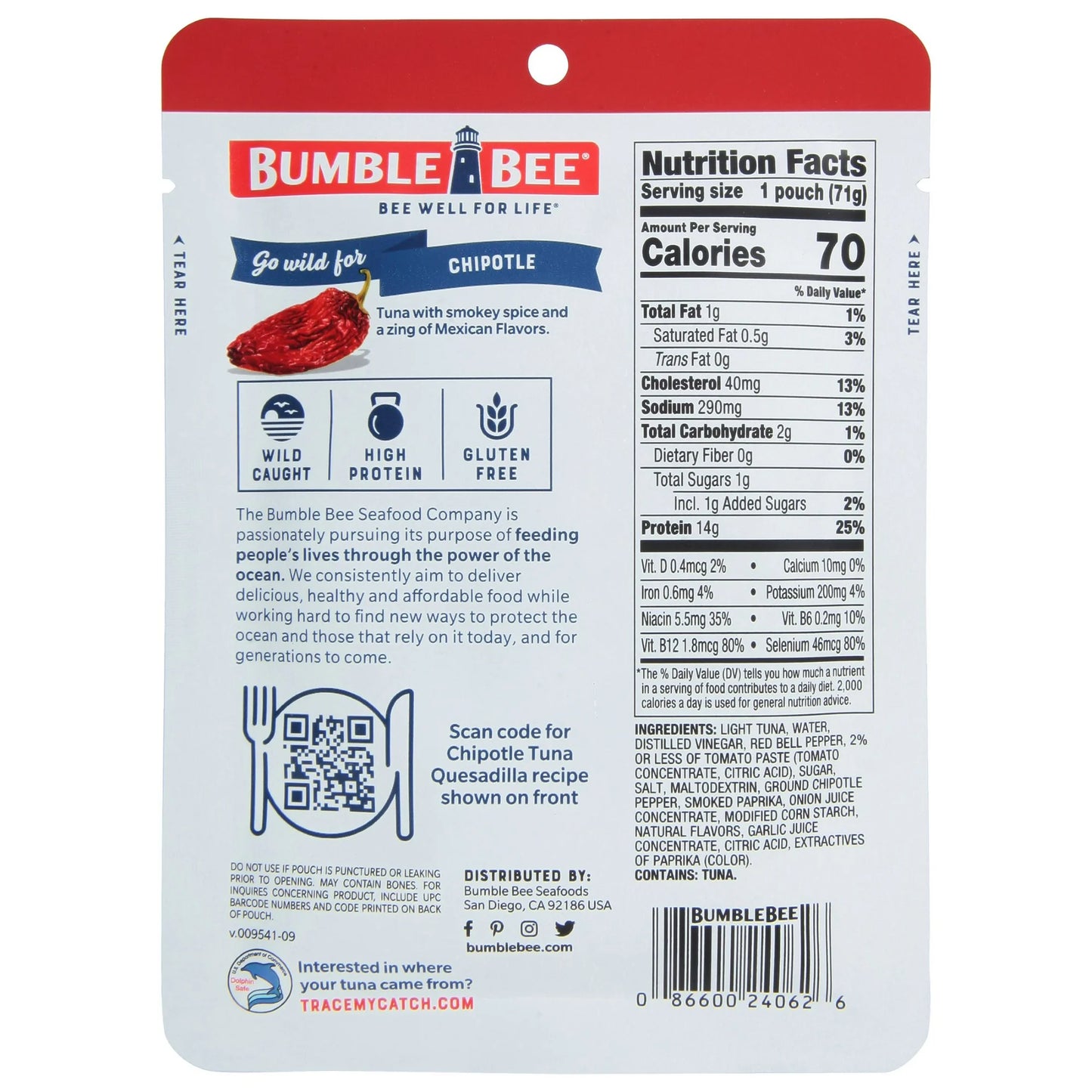 Bumble Bee Chipotle Seasoned Tuna Fish Pouch with Spoon, 2.5 Oz Pouch