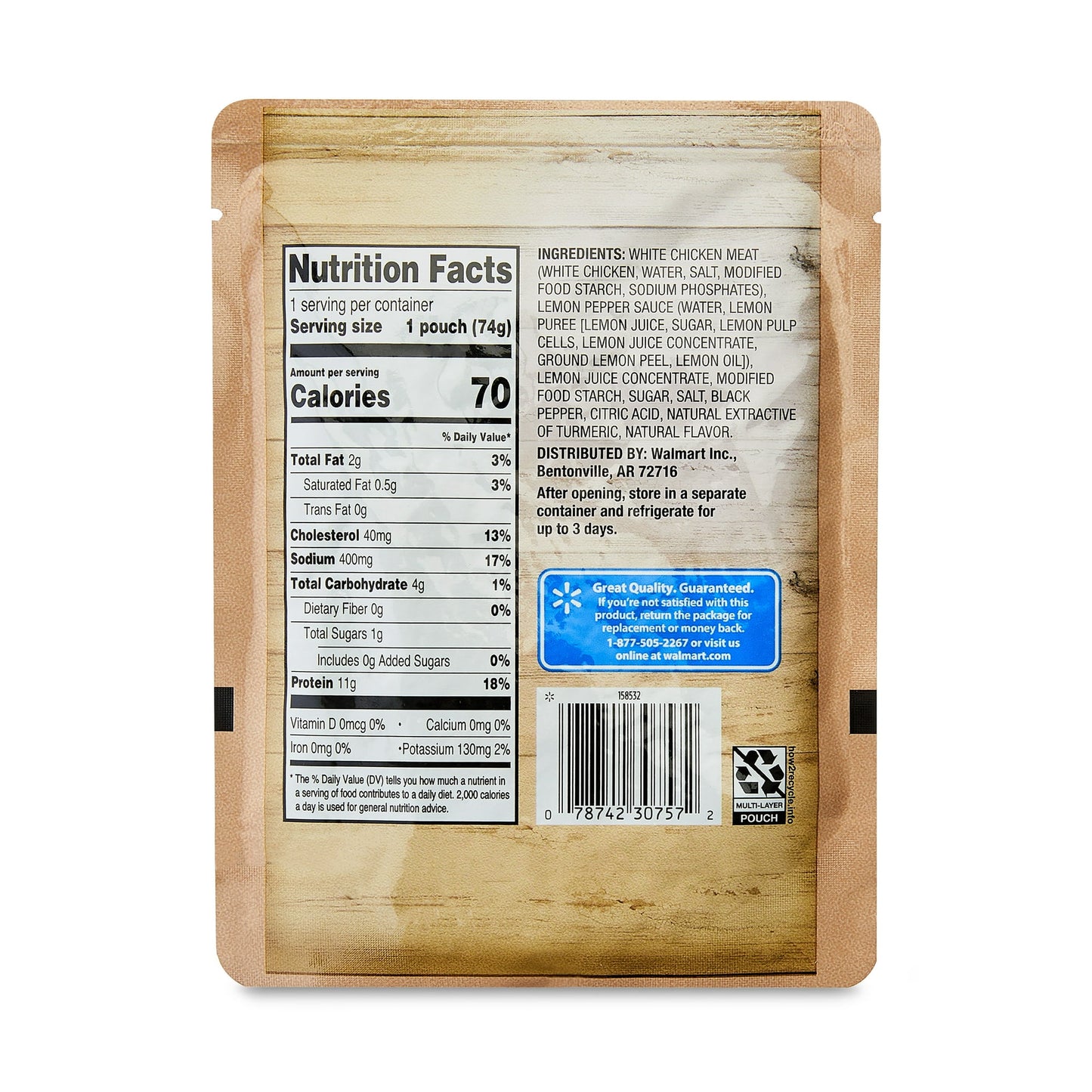 Great Value Premium White Chicken in Lemon Pepper Sauce, 2.6 oz Pouch (Shelf Stable)