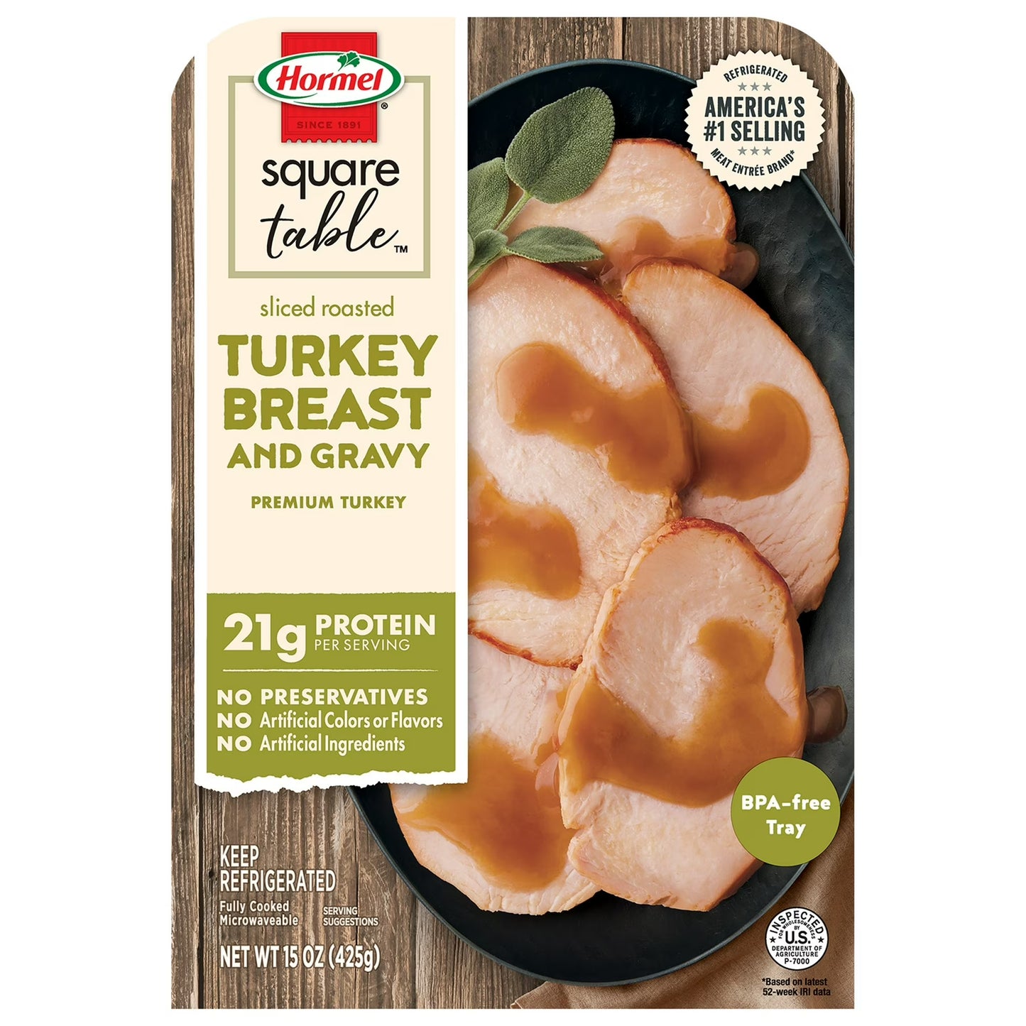 Hormel Square Table Sliced Roasted Turkey Breast and Gravy, Refrigerated Entrée, 15 oz Tray