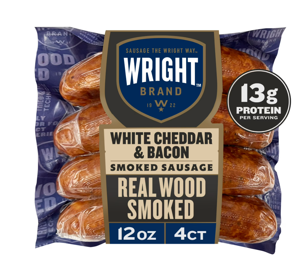 Wright Brand Real Wood Smoked White Cheddar & Bacon Smoked Sausage, 12 oz, 4 Count (Refrigerated)