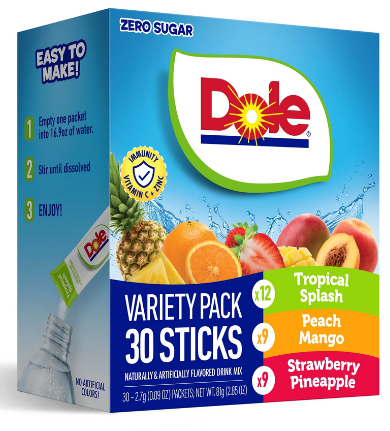 Dole Powder Drink Mix Variety Pack, Tropical, Peach Mango & Strawberry Pineapple, Sugar-Free, 30 Ct, 2.85 oz